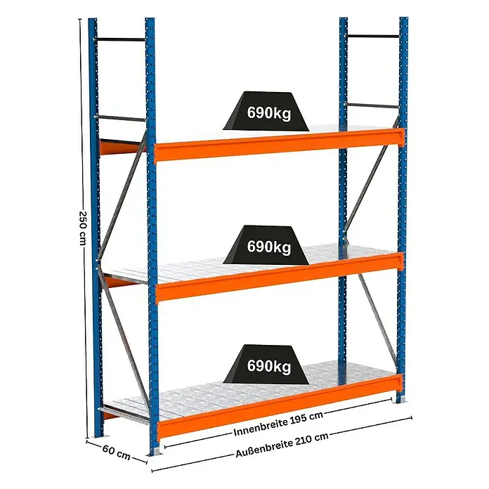 Proregal Schwerlastregal Industrie Weitspannregal MAXIMUS Pro - H x B x T: 250 x 210 x 60 cm, Traglast pro Boden: 690 kg, Anzahl Böden: 3 Stk., Stecken, Blau/Orange