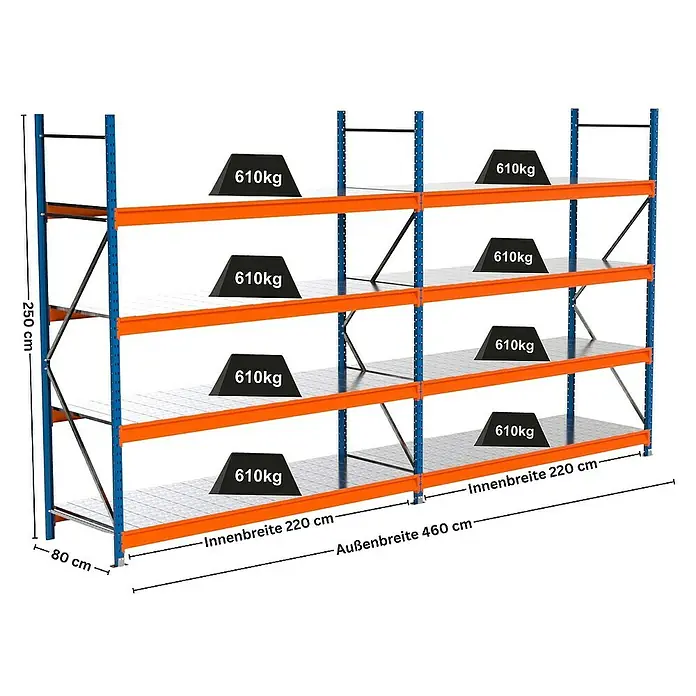 Proregal Schwerlastregal Industrie Weitspannregal MAXIMUS Pro - H x B x T: 250 x 460 x 80 cm, Traglast pro Boden: 610 kg, Anzahl Böden: 4 Stk., Stecken, Blau/Orange