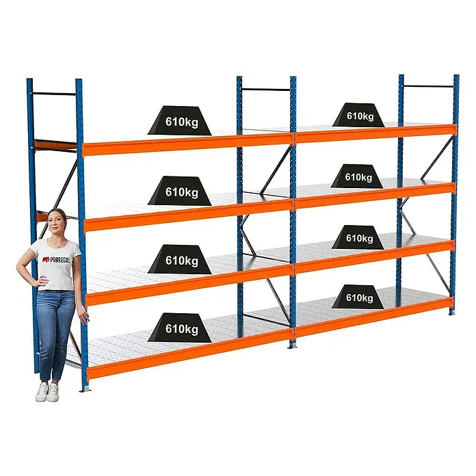 Proregal Schwerlastregal Industrie Weitspannregal MAXIMUS Pro - H x B x T: 250 x 460 x 80 cm, Traglast pro Boden: 610 kg, Anzahl Böden: 4 Stk., Stecken, Blau/Orange