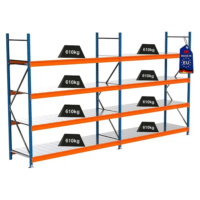 Proregal Schwerlastregal Industrie Weitspannregal MAXIMUS Pro - H x B x T: 250 x 460 x 80 cm, Traglast pro Boden: 610 kg, Anzahl Böden: 4 Stk., Stecken, Blau/Orange