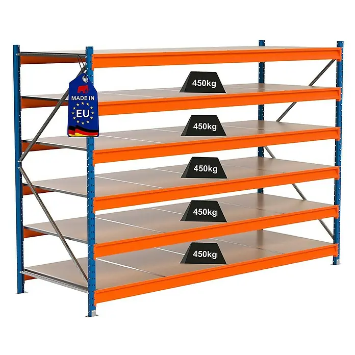 Proregal Schwerlastregal Industrie Weitspannregal MAXIMUS Pro - H x B x T: 200 x 285 x 100 cm, Traglast pro Boden: 450 kg, Anzahl Böden: 6 Stk., Stecken, Blau/Orange