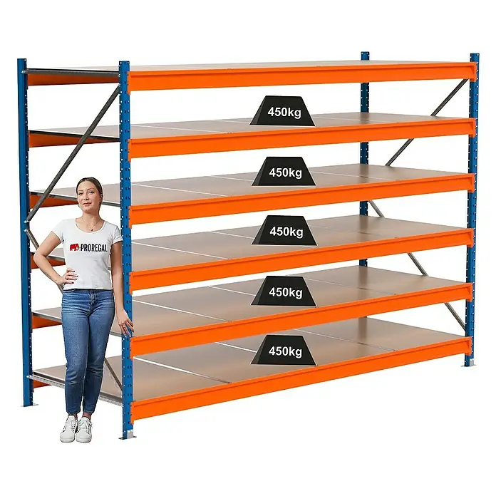 Proregal Schwerlastregal Industrie Weitspannregal MAXIMUS Pro - H x B x T: 200 x 285 x 100 cm, Traglast pro Boden: 450 kg, Anzahl Böden: 6 Stk., Stecken, Blau/Orange
