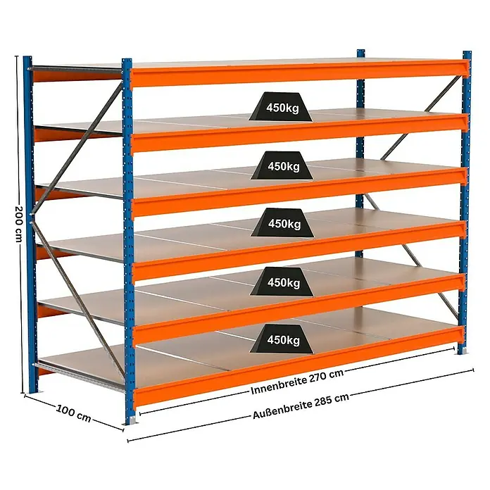 Proregal Schwerlastregal Industrie Weitspannregal MAXIMUS Pro - H x B x T: 200 x 285 x 100 cm, Traglast pro Boden: 450 kg, Anzahl Böden: 6 Stk., Stecken, Blau/Orange