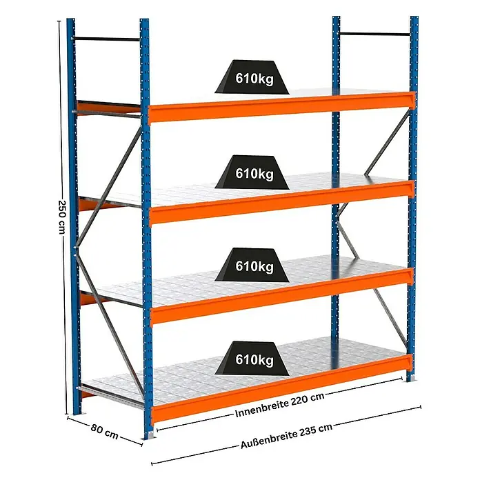 Proregal Schwerlastregal Industrie Weitspannregal MAXIMUS Pro - H x B x T: 250 x 235 x 80 cm, Traglast pro Boden: 610 kg, Anzahl Böden: 4 Stk., Stecken, Blau/Orange
