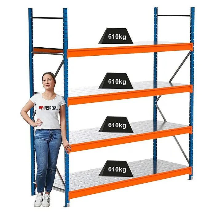 Proregal Schwerlastregal Industrie Weitspannregal MAXIMUS Pro - H x B x T: 250 x 235 x 80 cm, Traglast pro Boden: 610 kg, Anzahl Böden: 4 Stk., Stecken, Blau/Orange