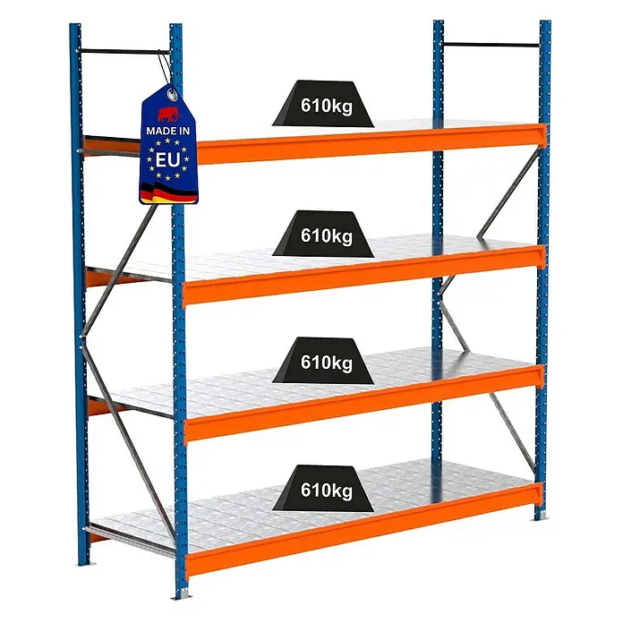 Proregal Schwerlastregal Industrie Weitspannregal MAXIMUS Pro - H x B x T: 250 x 235 x 80 cm, Traglast pro Boden: 610 kg, Anzahl Böden: 4 Stk., Stecken, Blau/Orange