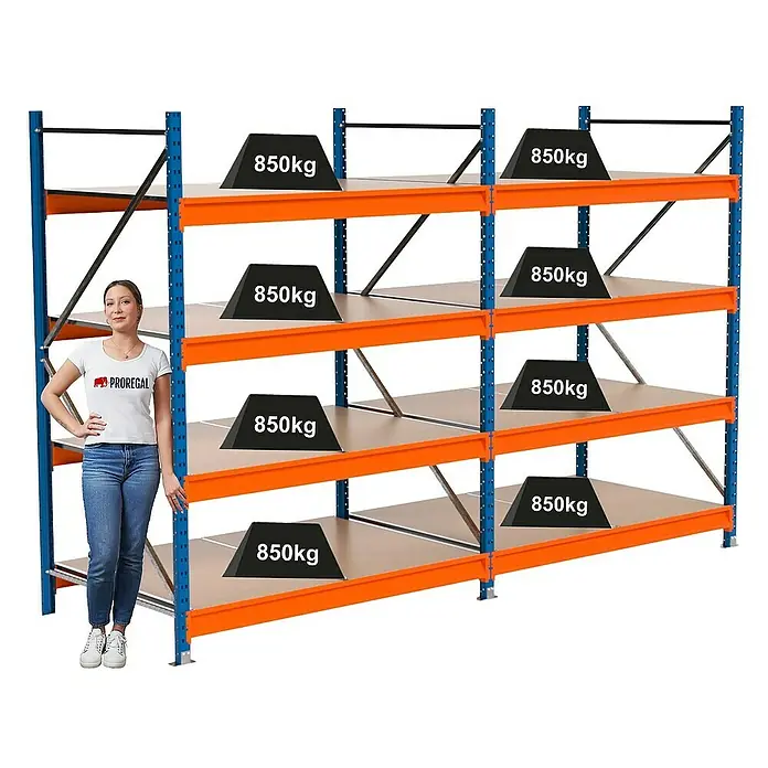 Proregal Schwerlastregal Industrie Weitspannregal MAXIMUS Pro - H x B x T: 200 x 310 x 100 cm, Traglast pro Boden: 850 kg, Anzahl Böden: 4 Stk., Stecken, Blau/Orange