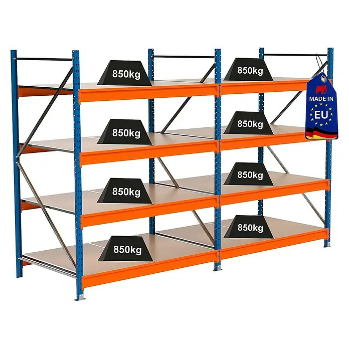 Proregal Schwerlastregal Industrie Weitspannregal MAXIMUS Pro - H x B x T: 200 x 310 x 100 cm, Traglast pro Boden: 850 kg, Anzahl Böden: 4 Stk., Stecken, Blau/Orange