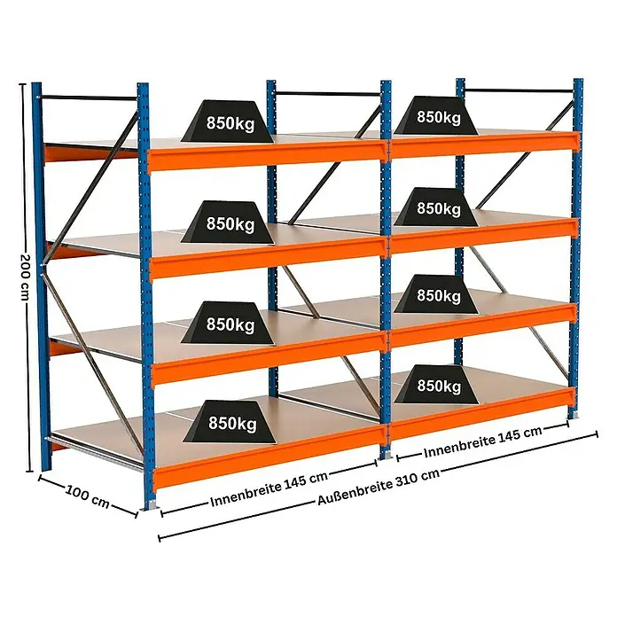 Proregal Schwerlastregal Industrie Weitspannregal MAXIMUS Pro - H x B x T: 200 x 310 x 100 cm, Traglast pro Boden: 850 kg, Anzahl Böden: 4 Stk., Stecken, Blau/Orange