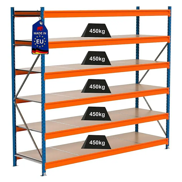 Proregal Schwerlastregal Industrie Weitspannregal MAXIMUS Pro - H x B x T: 250 x 285 x 80 cm, Traglast pro Boden: 450 kg, Anzahl Böden: 6 Stk., Stecken, Blau/Orange