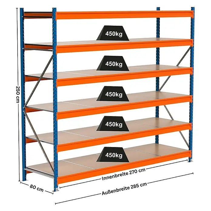 Proregal Schwerlastregal Industrie Weitspannregal MAXIMUS Pro - H x B x T: 250 x 285 x 80 cm, Traglast pro Boden: 450 kg, Anzahl Böden: 6 Stk., Stecken, Blau/Orange