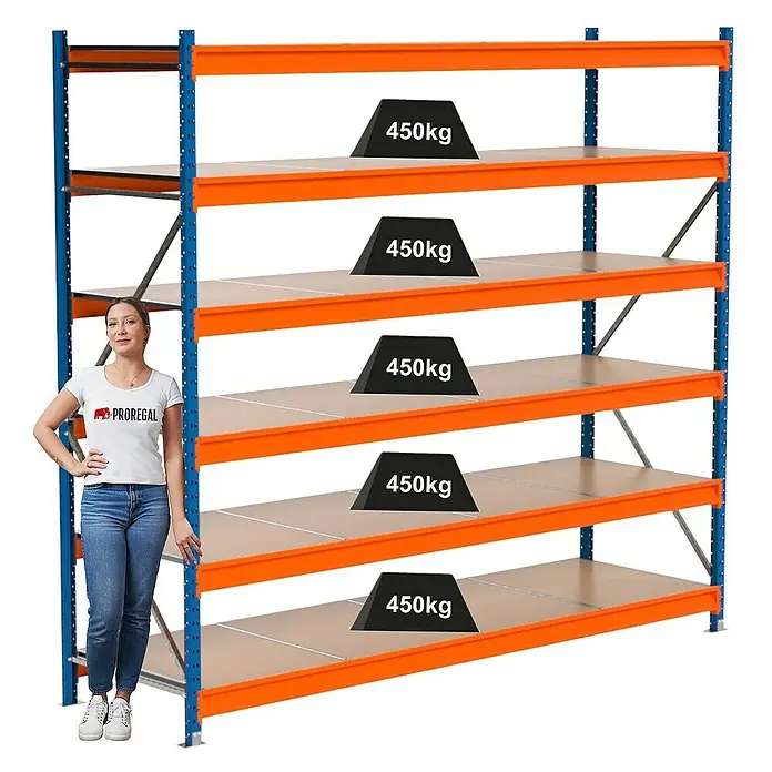 Proregal Schwerlastregal Industrie Weitspannregal MAXIMUS Pro - H x B x T: 250 x 285 x 80 cm, Traglast pro Boden: 450 kg, Anzahl Böden: 6 Stk., Stecken, Blau/Orange