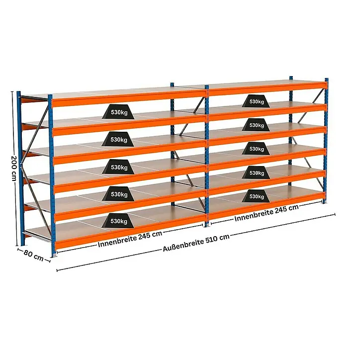Proregal Schwerlastregal Industrie Weitspannregal MAXIMUS Pro - H x B x T: 200 x 510 x 80 cm, Traglast pro Boden: 530 kg, Anzahl Böden: 6 Stk., Stecken, Blau/Orange