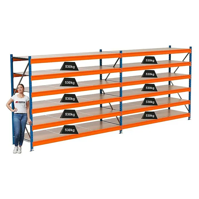 Proregal Schwerlastregal Industrie Weitspannregal MAXIMUS Pro - H x B x T: 200 x 510 x 80 cm, Traglast pro Boden: 530 kg, Anzahl Böden: 6 Stk., Stecken, Blau/Orange