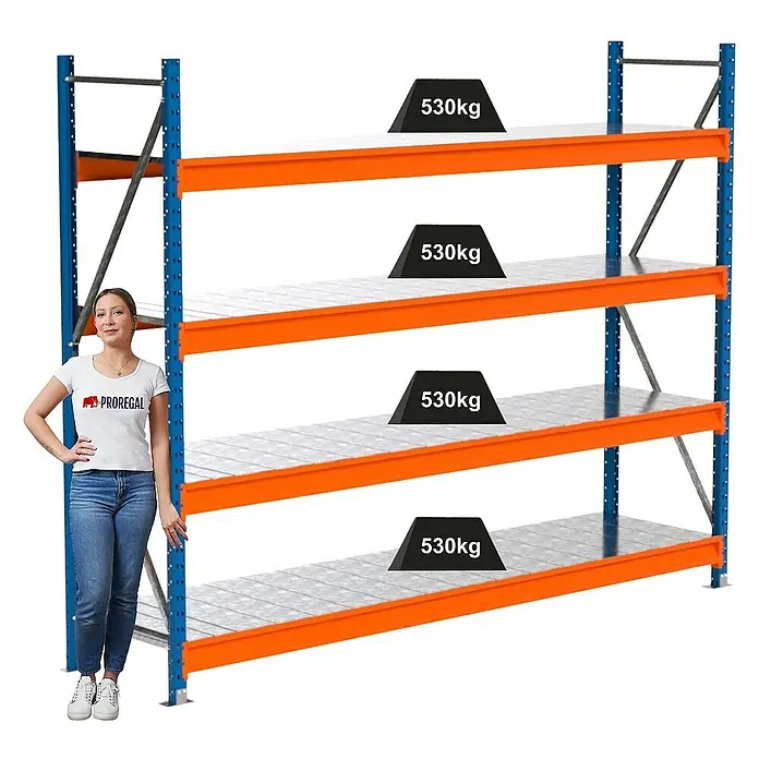 Proregal Schwerlastregal Industrie Weitspannregal MAXIMUS Pro - H x B x T: 200 x 260 x 60 cm, Traglast pro Boden: 530 kg, Anzahl Böden: 4 Stk., Stecken, Blau/Orange