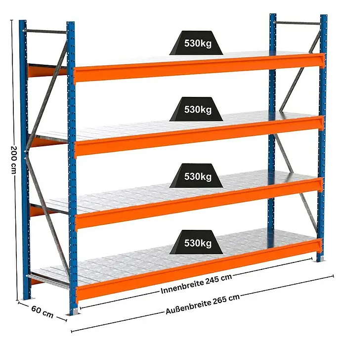 Proregal Schwerlastregal Industrie Weitspannregal MAXIMUS Pro - H x B x T: 200 x 260 x 60 cm, Traglast pro Boden: 530 kg, Anzahl Böden: 4 Stk., Stecken, Blau/Orange