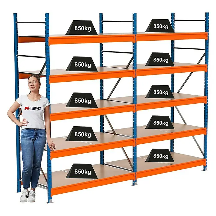 Proregal Schwerlastregal Industrie Weitspannregal MAXIMUS Pro - H x B x T: 250 x 310 x 80 cm, Traglast pro Boden: 850 kg, Anzahl Böden: 5 Stk., Stecken, Blau/Orange