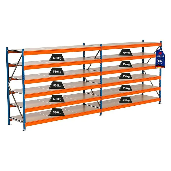 Proregal Schwerlastregal Industrie Weitspannregal MAXIMUS Pro - H x B x T: 200 x 510 x 80 cm, Traglast pro Boden: 530 kg, Anzahl Böden: 6 Stk., Stecken, Blau/Orange