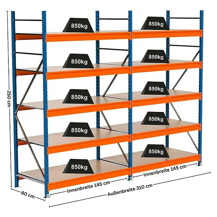 Proregal Schwerlastregal Industrie Weitspannregal MAXIMUS Pro - H x B x T: 250 x 310 x 80 cm, Traglast pro Boden: 850 kg, Anzahl Böden: 5 Stk., Stecken, Blau/Orange