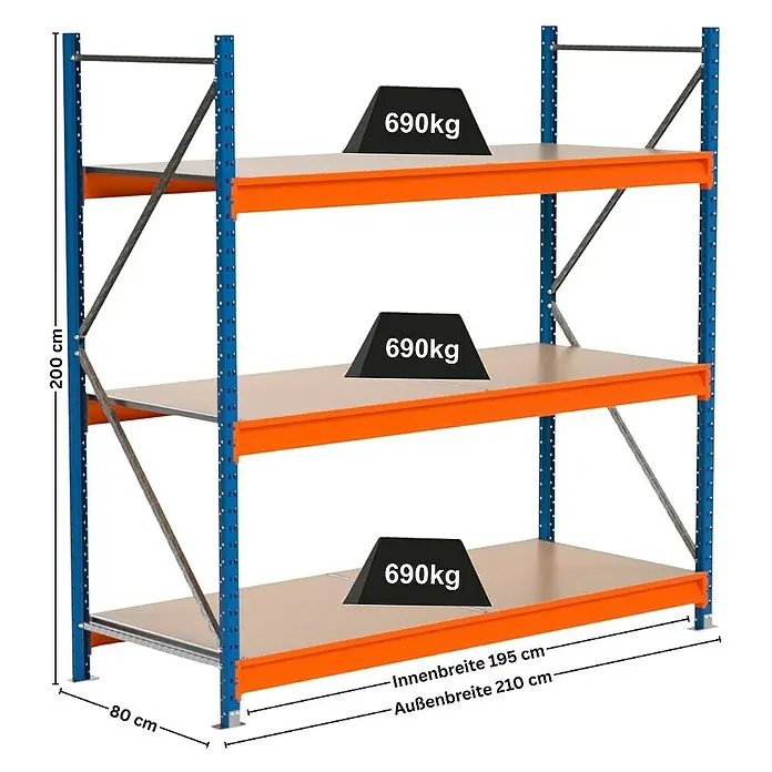 Proregal Schwerlastregal Industrie Weitspannregal MAXIMUS Pro - H x B x T: 200 x 210 x 80 cm, Traglast pro Boden: 690 kg, Anzahl Böden: 3 Stk., Stecken, Blau/Orange