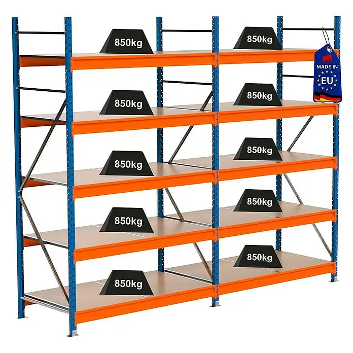 Proregal Schwerlastregal Industrie Weitspannregal MAXIMUS Pro - H x B x T: 250 x 310 x 80 cm, Traglast pro Boden: 850 kg, Anzahl Böden: 5 Stk., Stecken, Blau/Orange