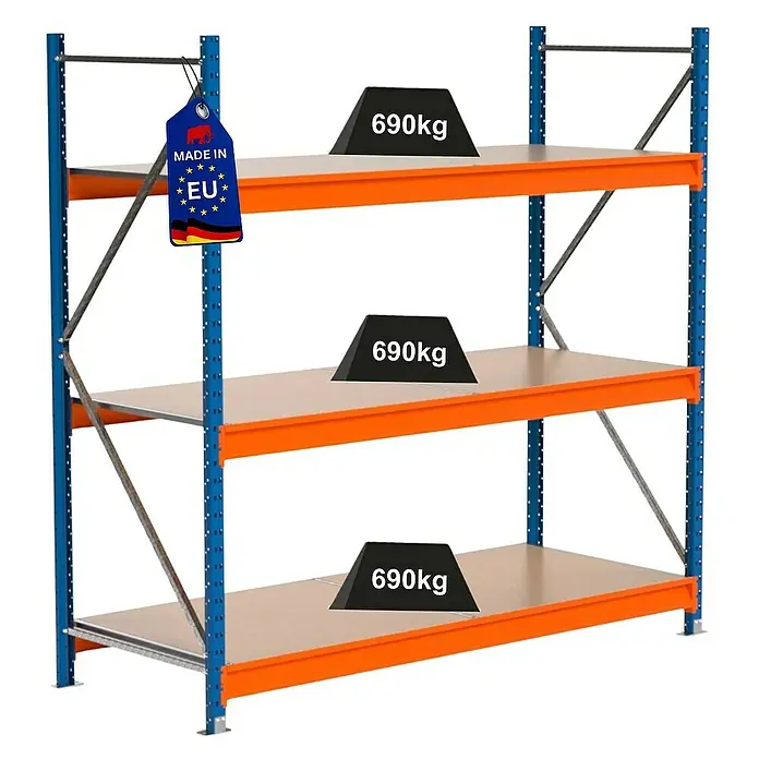 Proregal Schwerlastregal Industrie Weitspannregal MAXIMUS Pro - H x B x T: 200 x 210 x 80 cm, Traglast pro Boden: 690 kg, Anzahl Böden: 3 Stk., Stecken, Blau/Orange