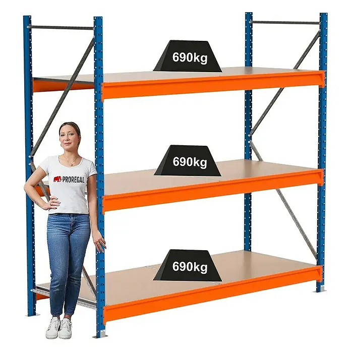 Proregal Schwerlastregal Industrie Weitspannregal MAXIMUS Pro - H x B x T: 200 x 210 x 80 cm, Traglast pro Boden: 690 kg, Anzahl Böden: 3 Stk., Stecken, Blau/Orange