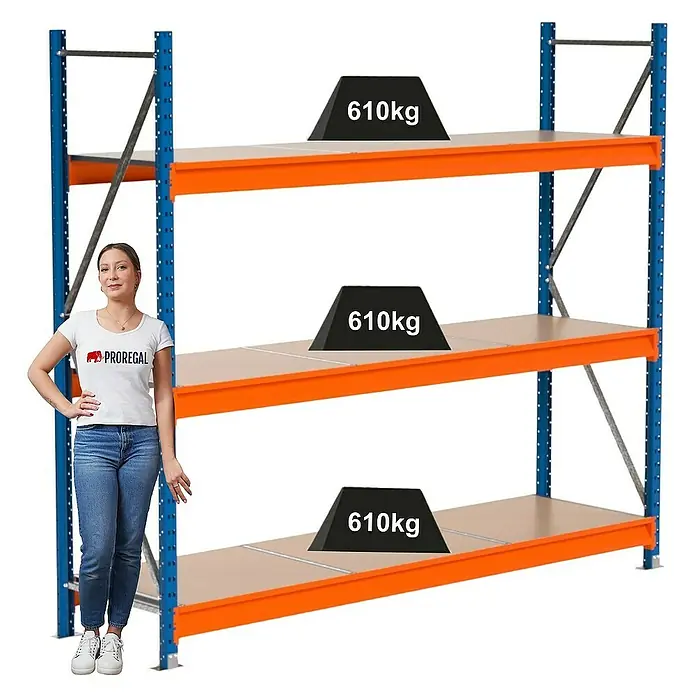 Proregal Schwerlastregal Industrie Weitspannregal MAXIMUS Pro - H x B x T: 200 x 235 x 60 cm, Traglast pro Boden: 610 kg, Anzahl Böden: 3 Stk., Stecken, Blau/Orange
