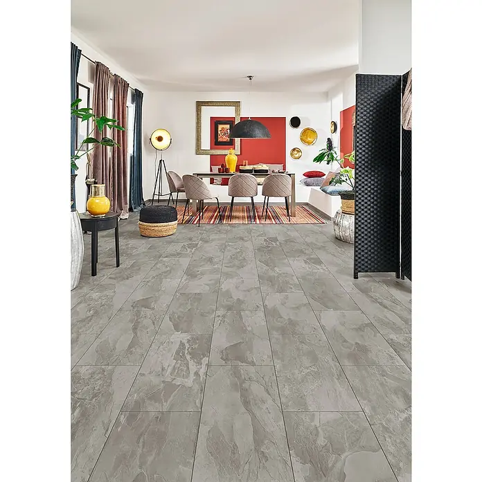 LOGOCLIC Ceramico Laminat - Lucienda, Fliese, 638 x 330 x 8 mm - Graue, marmorierte rechteckige Bodenfliesen für einen modernen Wohnraum.