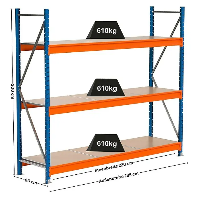 Proregal Schwerlastregal Industrie Weitspannregal MAXIMUS Pro - H x B x T: 200 x 235 x 60 cm, Traglast pro Boden: 610 kg, Anzahl Böden: 3 Stk., Stecken, Blau/Orange