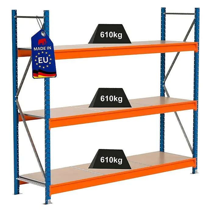 Proregal Schwerlastregal Industrie Weitspannregal MAXIMUS Pro - H x B x T: 200 x 235 x 60 cm, Traglast pro Boden: 610 kg, Anzahl Böden: 3 Stk., Stecken, Blau/Orange