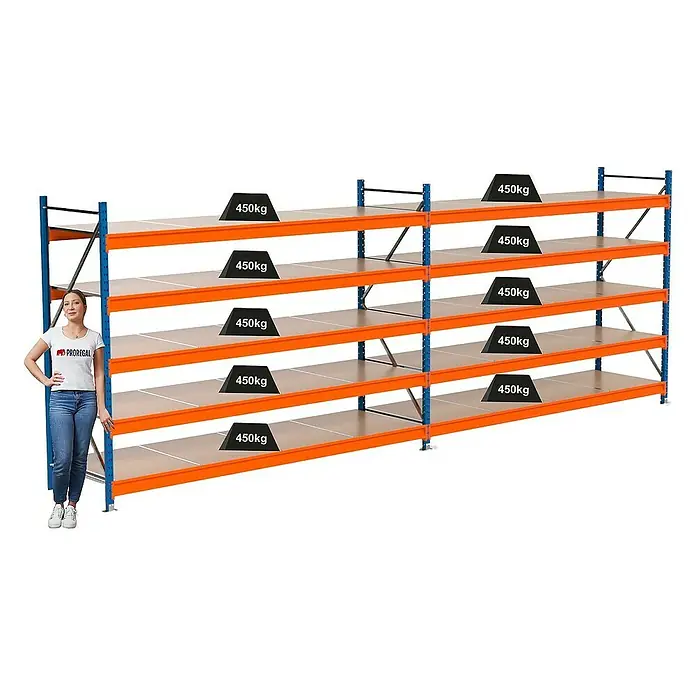 Proregal Schwerlastregal Industrie Weitspannregal MAXIMUS Pro - H x B x T: 200 x 560 x 80 cm, Traglast pro Boden: 450 kg, Anzahl Böden: 5 Stk., Stecken, Blau/Orange