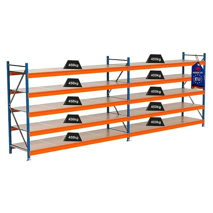 Proregal Schwerlastregal Industrie Weitspannregal MAXIMUS Pro - H x B x T: 200 x 560 x 80 cm, Traglast pro Boden: 450 kg, Anzahl Böden: 5 Stk., Stecken, Blau/Orange
