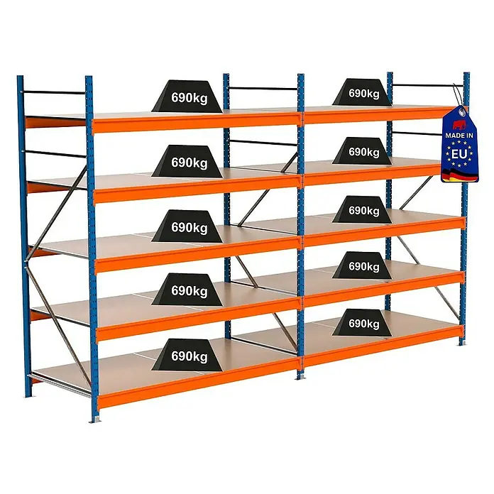 Proregal Schwerlastregal Industrie Weitspannregal MAXIMUS Pro - H x B x T: 250 x 410 x 100 cm, Traglast pro Boden: 690 kg, Anzahl Böden: 5 Stk., Stecken, Blau/Orange