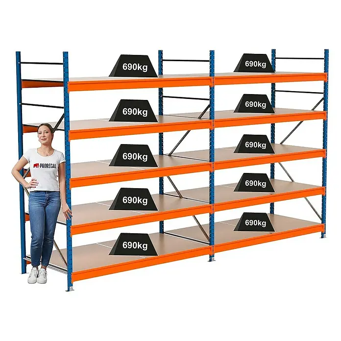 Proregal Schwerlastregal Industrie Weitspannregal MAXIMUS Pro - H x B x T: 250 x 410 x 100 cm, Traglast pro Boden: 690 kg, Anzahl Böden: 5 Stk., Stecken, Blau/Orange