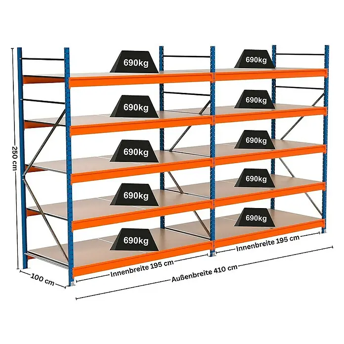 Proregal Schwerlastregal Industrie Weitspannregal MAXIMUS Pro - H x B x T: 250 x 410 x 100 cm, Traglast pro Boden: 690 kg, Anzahl Böden: 5 Stk., Stecken, Blau/Orange