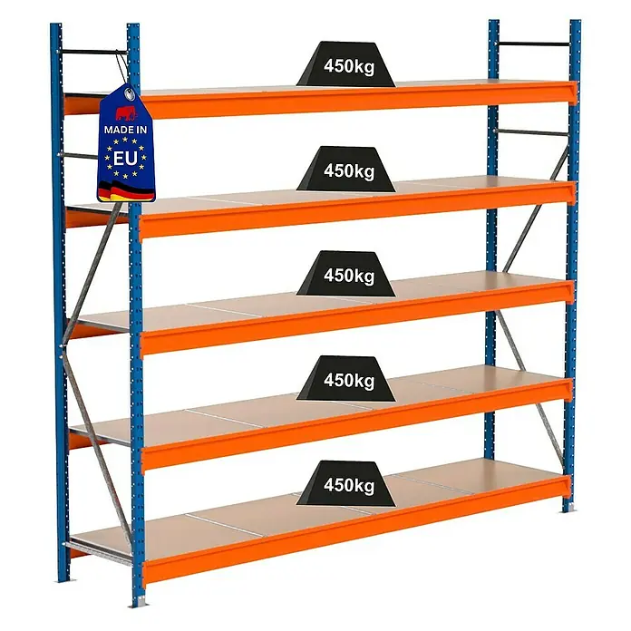 Proregal Schwerlastregal Industrie Weitspannregal MAXIMUS Pro - H x B x T: 250 x 285 x 60 cm, Traglast pro Boden: 450 kg, Anzahl Böden: 5 Stk., Stecken, Blau/Orange