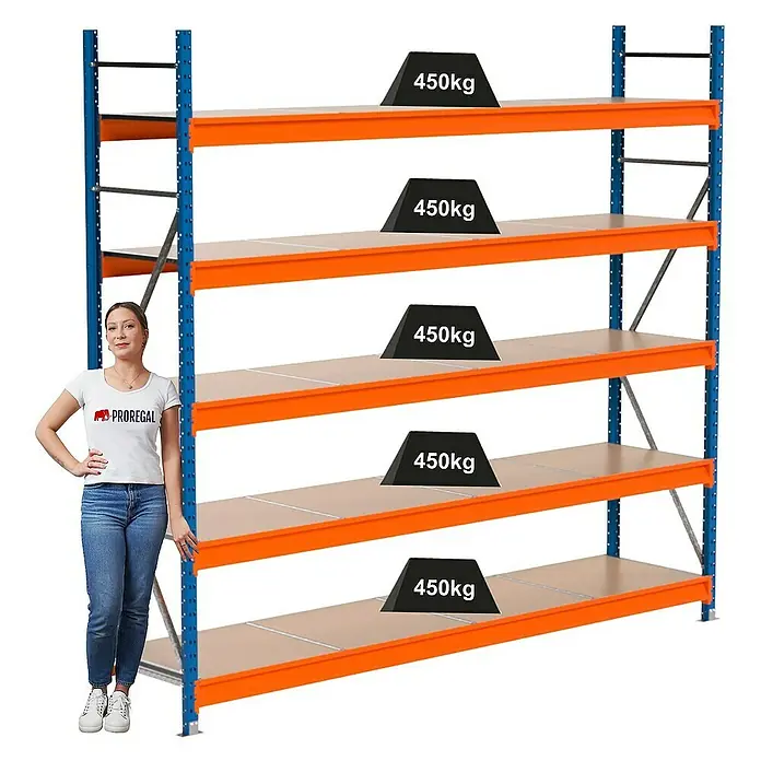 Proregal Schwerlastregal Industrie Weitspannregal MAXIMUS Pro - H x B x T: 250 x 285 x 60 cm, Traglast pro Boden: 450 kg, Anzahl Böden: 5 Stk., Stecken, Blau/Orange