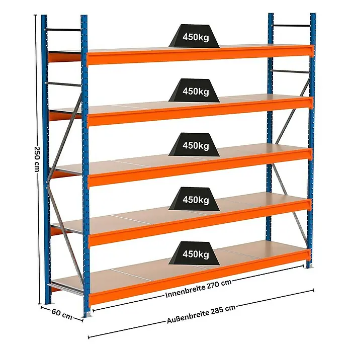 Proregal Schwerlastregal Industrie Weitspannregal MAXIMUS Pro - H x B x T: 250 x 285 x 60 cm, Traglast pro Boden: 450 kg, Anzahl Böden: 5 Stk., Stecken, Blau/Orange