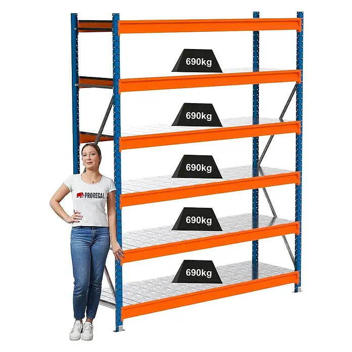 Proregal Schwerlastregal Industrie Weitspannregal MAXIMUS Pro - H x B x T: 250 x 210 x 60 cm, Traglast pro Boden: 690 kg, Anzahl Böden: 6 Stk., Stecken, Blau/Orange