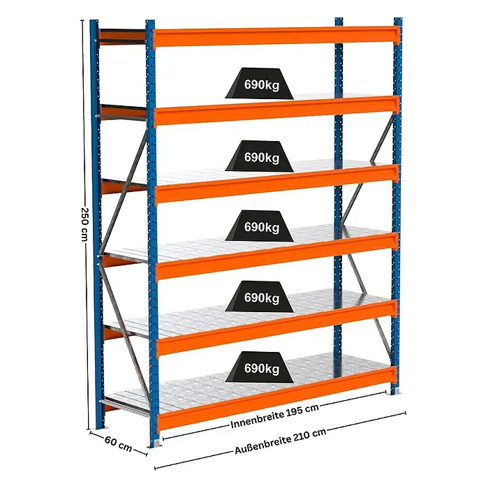 Proregal Schwerlastregal Industrie Weitspannregal MAXIMUS Pro - H x B x T: 250 x 210 x 60 cm, Traglast pro Boden: 690 kg, Anzahl Böden: 6 Stk., Stecken, Blau/Orange