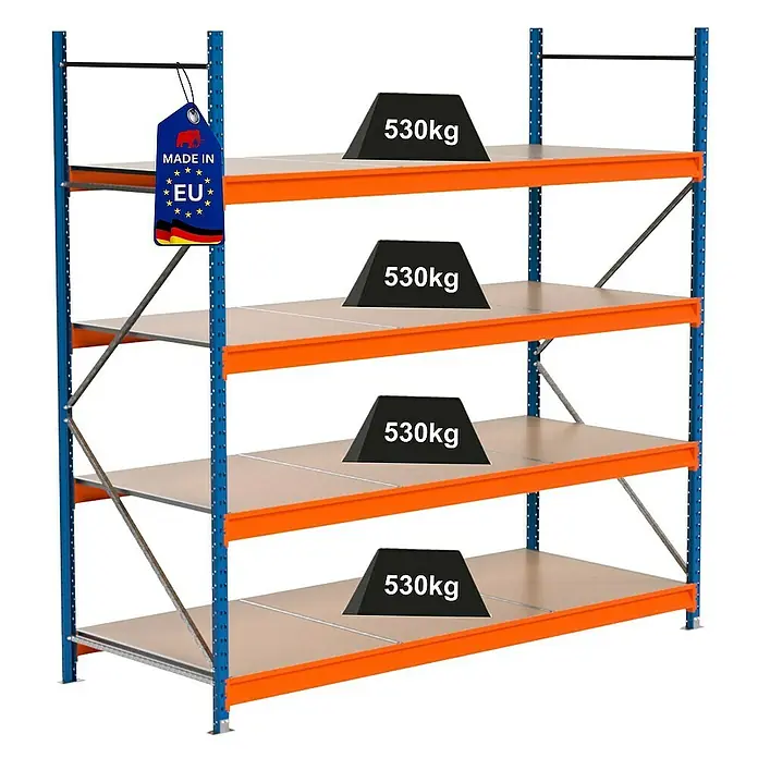 Proregal Schwerlastregal Industrie Weitspannregal MAXIMUS Pro - H x B x T: 250 x 260 x 100 cm, Traglast pro Boden: 530 kg, Anzahl Böden: 4 Stk., Stecken, Blau/Orange