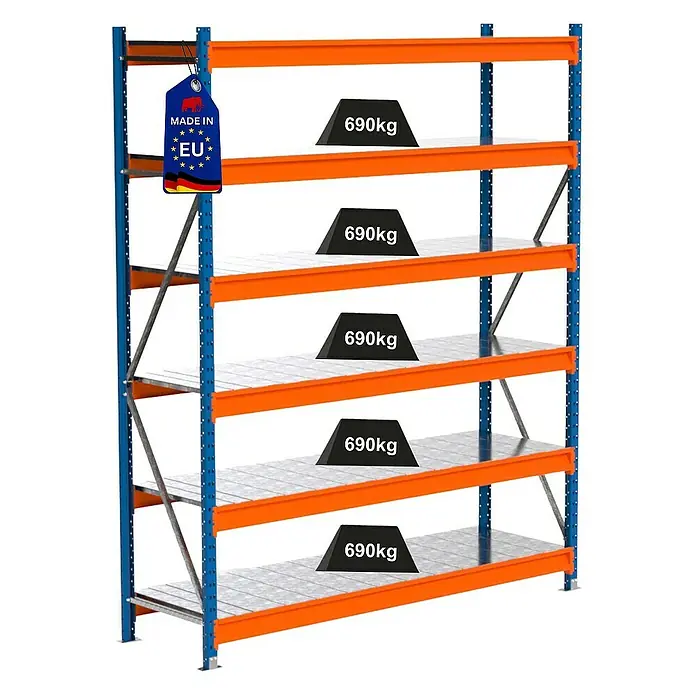 Proregal Schwerlastregal Industrie Weitspannregal MAXIMUS Pro - H x B x T: 250 x 210 x 60 cm, Traglast pro Boden: 690 kg, Anzahl Böden: 6 Stk., Stecken, Blau/Orange