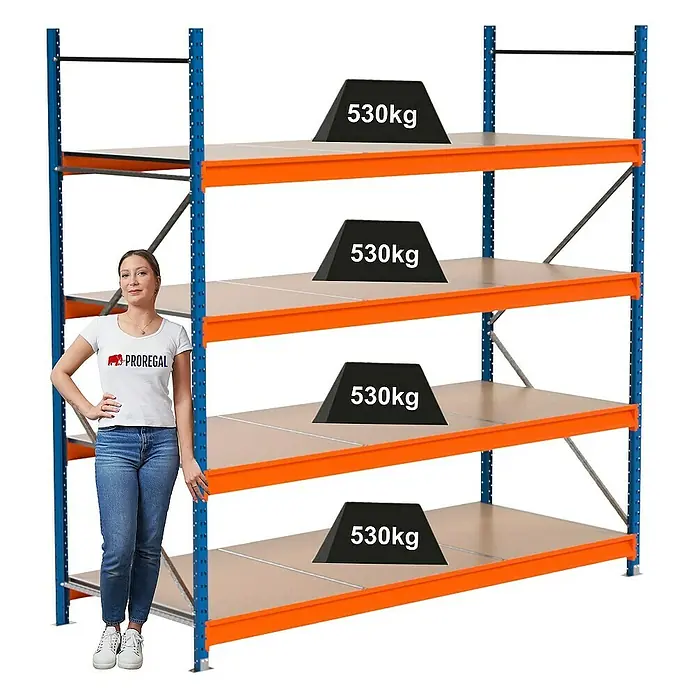 Proregal Schwerlastregal Industrie Weitspannregal MAXIMUS Pro - H x B x T: 250 x 260 x 100 cm, Traglast pro Boden: 530 kg, Anzahl Böden: 4 Stk., Stecken, Blau/Orange