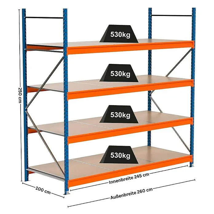 Proregal Schwerlastregal Industrie Weitspannregal MAXIMUS Pro - H x B x T: 250 x 260 x 100 cm, Traglast pro Boden: 530 kg, Anzahl Böden: 4 Stk., Stecken, Blau/Orange