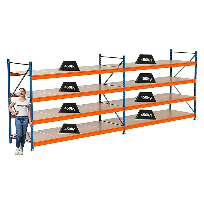 Proregal Schwerlastregal Industrie Weitspannregal MAXIMUS Pro - H x B x T: 200 x 560 x 100 cm, Traglast pro Boden: 450 kg, Anzahl Böden: 4 Stk., Stecken, Blau/Orange
