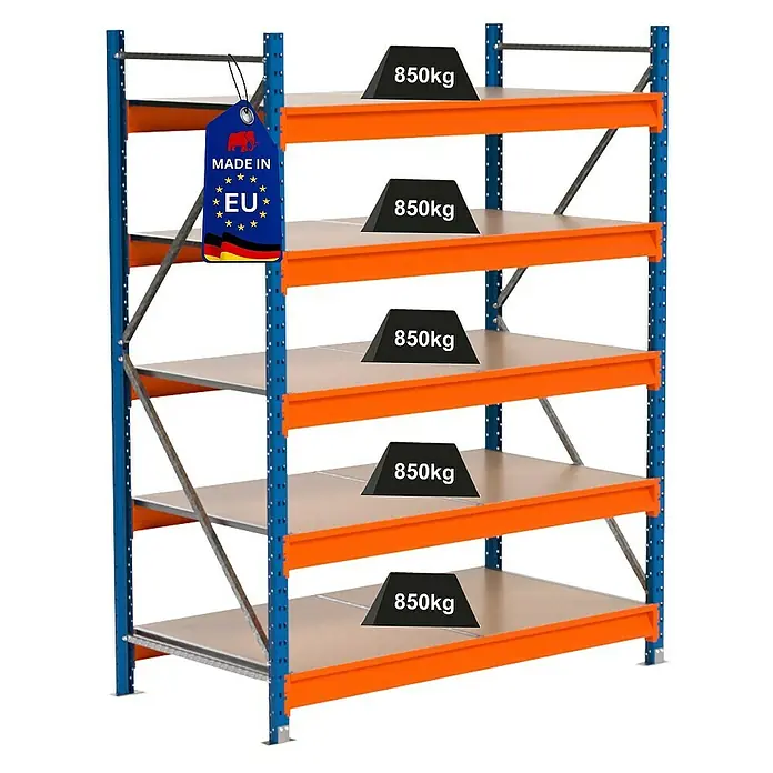 Proregal Schwerlastregal Industrie Weitspannregal MAXIMUS Pro - H x B x T: 200 x 160 x 80 cm, Traglast pro Boden: 850 kg, Anzahl Böden: 5 Stk., Stecken, Blau/Orange