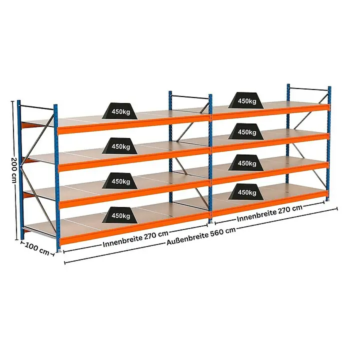 Proregal Schwerlastregal Industrie Weitspannregal MAXIMUS Pro - H x B x T: 200 x 560 x 100 cm, Traglast pro Boden: 450 kg, Anzahl Böden: 4 Stk., Stecken, Blau/Orange