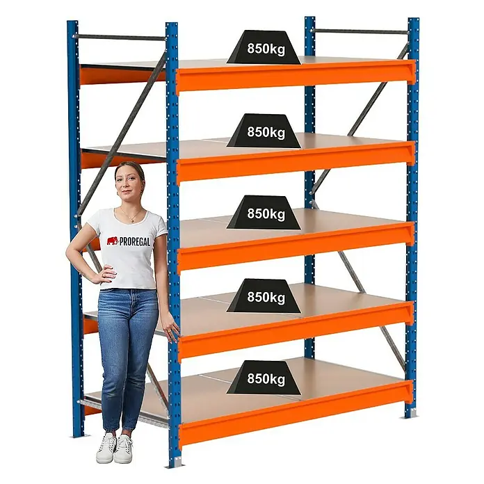 Proregal Schwerlastregal Industrie Weitspannregal MAXIMUS Pro - H x B x T: 200 x 160 x 80 cm, Traglast pro Boden: 850 kg, Anzahl Böden: 5 Stk., Stecken, Blau/Orange