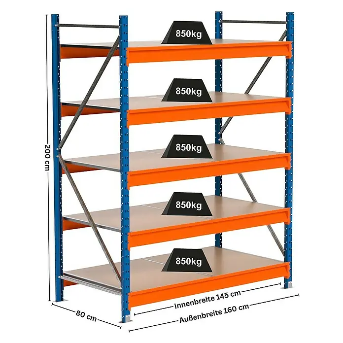 Proregal Schwerlastregal Industrie Weitspannregal MAXIMUS Pro - H x B x T: 200 x 160 x 80 cm, Traglast pro Boden: 850 kg, Anzahl Böden: 5 Stk., Stecken, Blau/Orange
